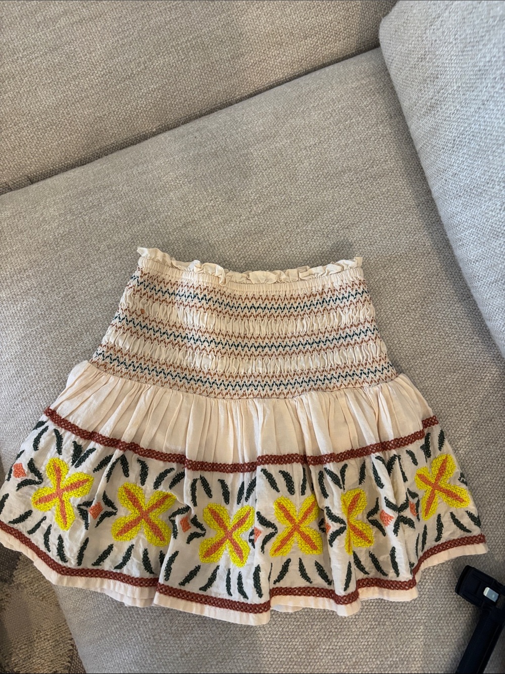 Zara Cream Smocked Skirt with Yellow Floral Embroidery